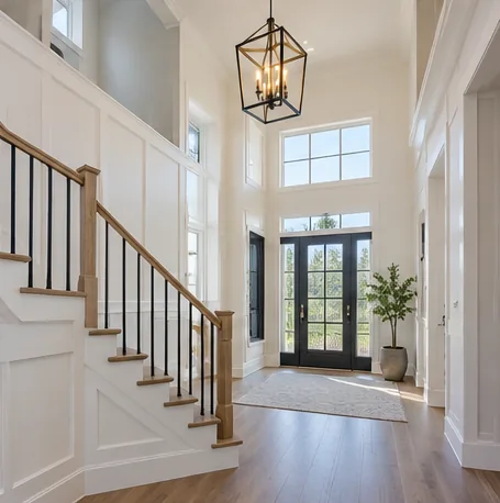 Illustrative bright home entry and stairway